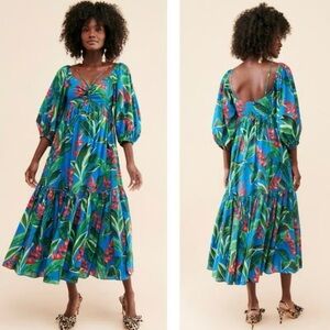 Farm Rio Dream Garden Midi/maxi Dress Tropical puff sleeve Sz S